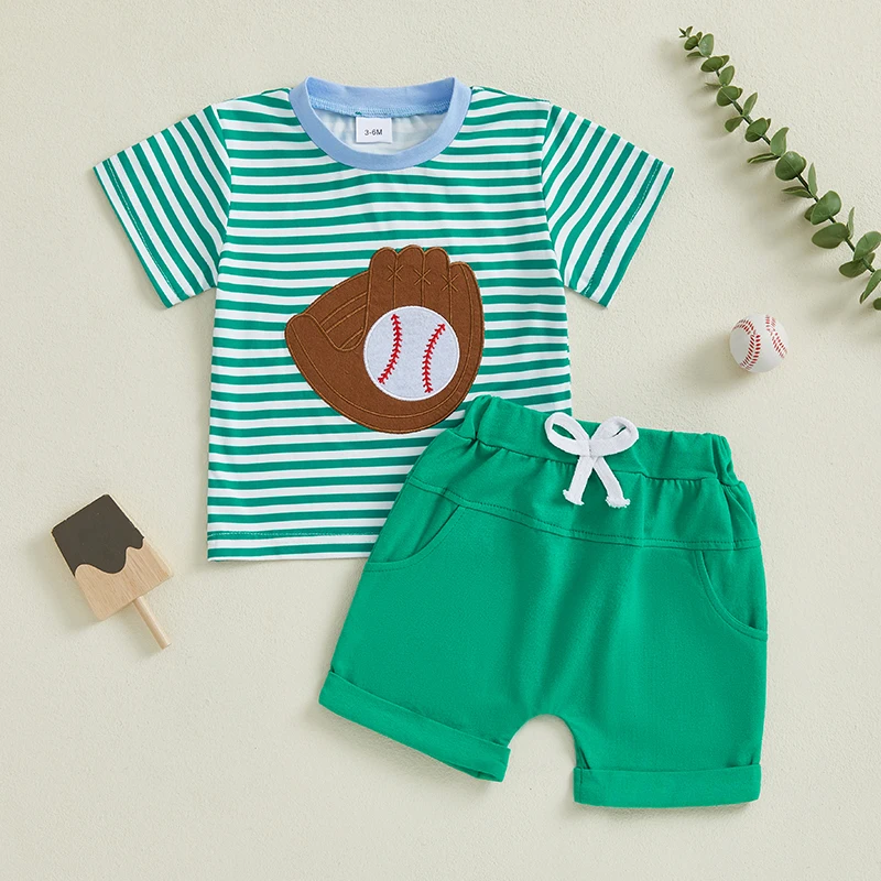 Boys Summer Outfits Striped Baseball Embroidered Short Sleeve T-Shirts with Elastic Waist Shorts 2-Piece Clothing Set for 3