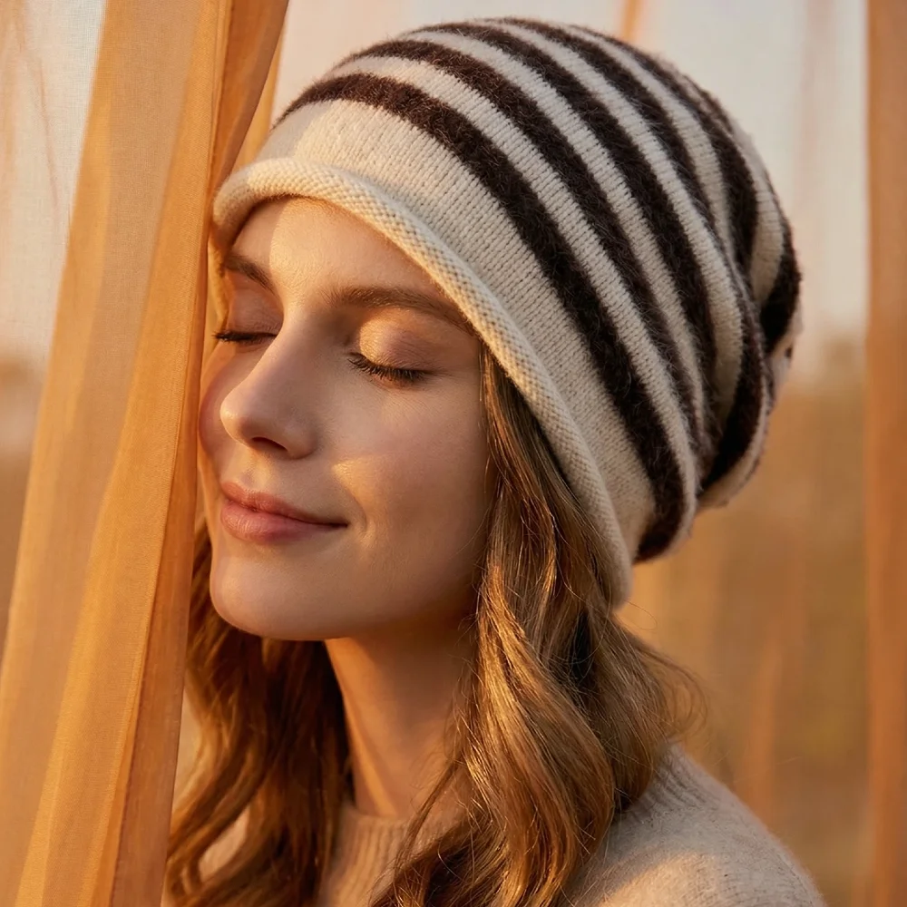 Heißer Verkauf Mode Frau Slouchy Beanie Casual Streifen Design Y2K Winter Hüte Für Frauen – Detail 3