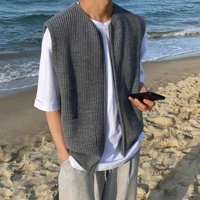 루즈핏 스웨터 베스트 남성 가을 신상 패션 컬리지 스타일 베스트 지퍼 니트 가디건 자켓
