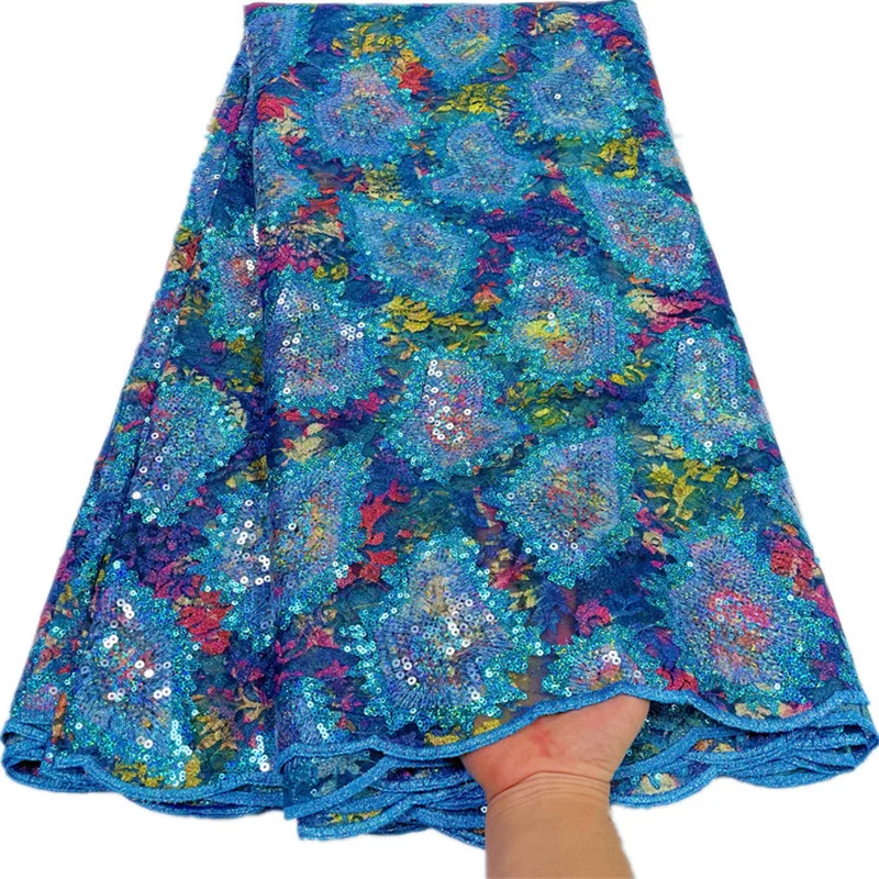 

Multicolor African Double Mesh Lace Embroidery Sequins 2023 High Quality Guipure Net Fabrics For Sew Wedding Party Dress 5 Yards