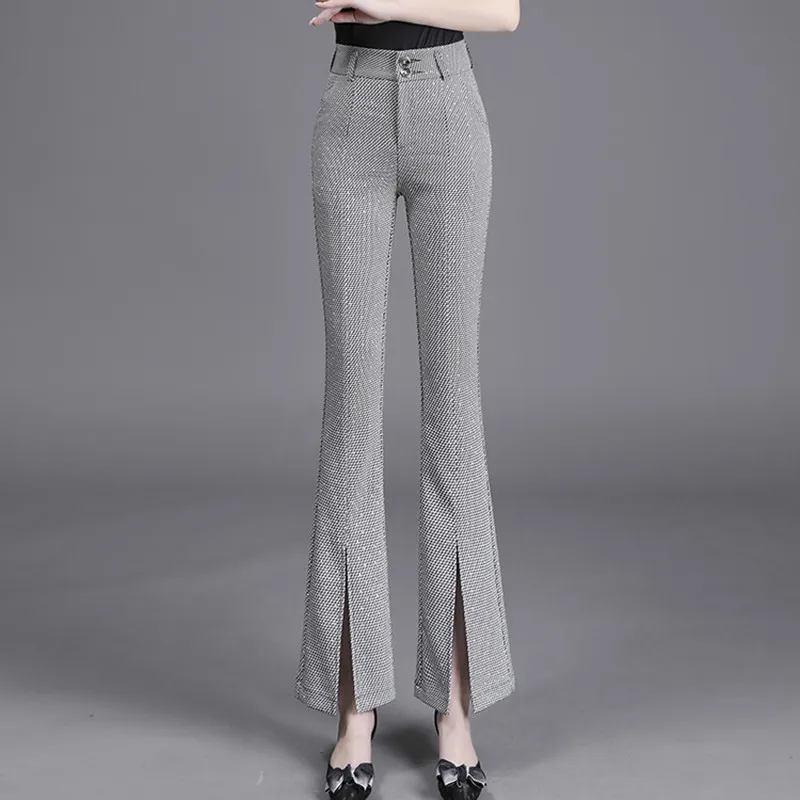 

Fashion Micro-Flare Pants Women's 2023 Spring Autumn New Korean Casual Plaid High Waist Thin Nine Points Pants Female Tide H2355