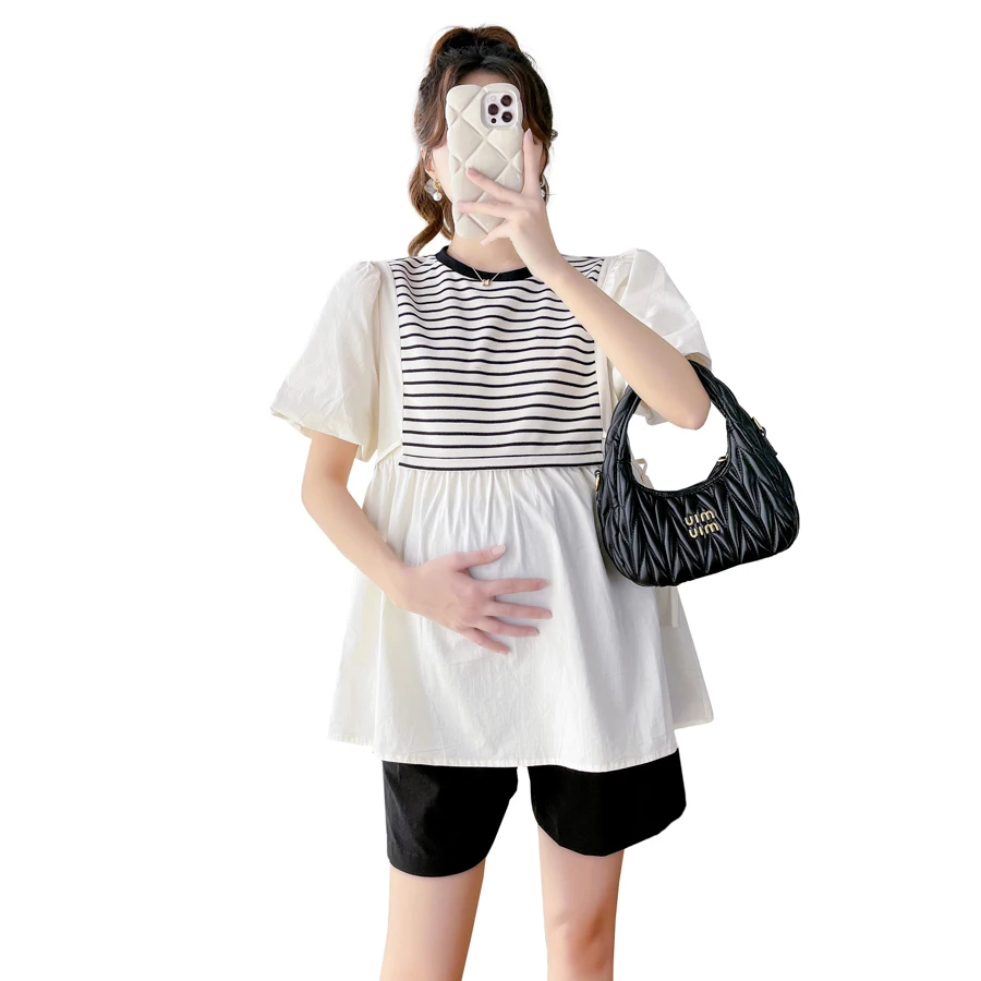 Korean Style Striped Patchwork O-Neck Puff Sleeve Maternity Shirts Loose Fashion Pregnant Woman Blouse Pregnancy Cotton Top Tees maternity tops