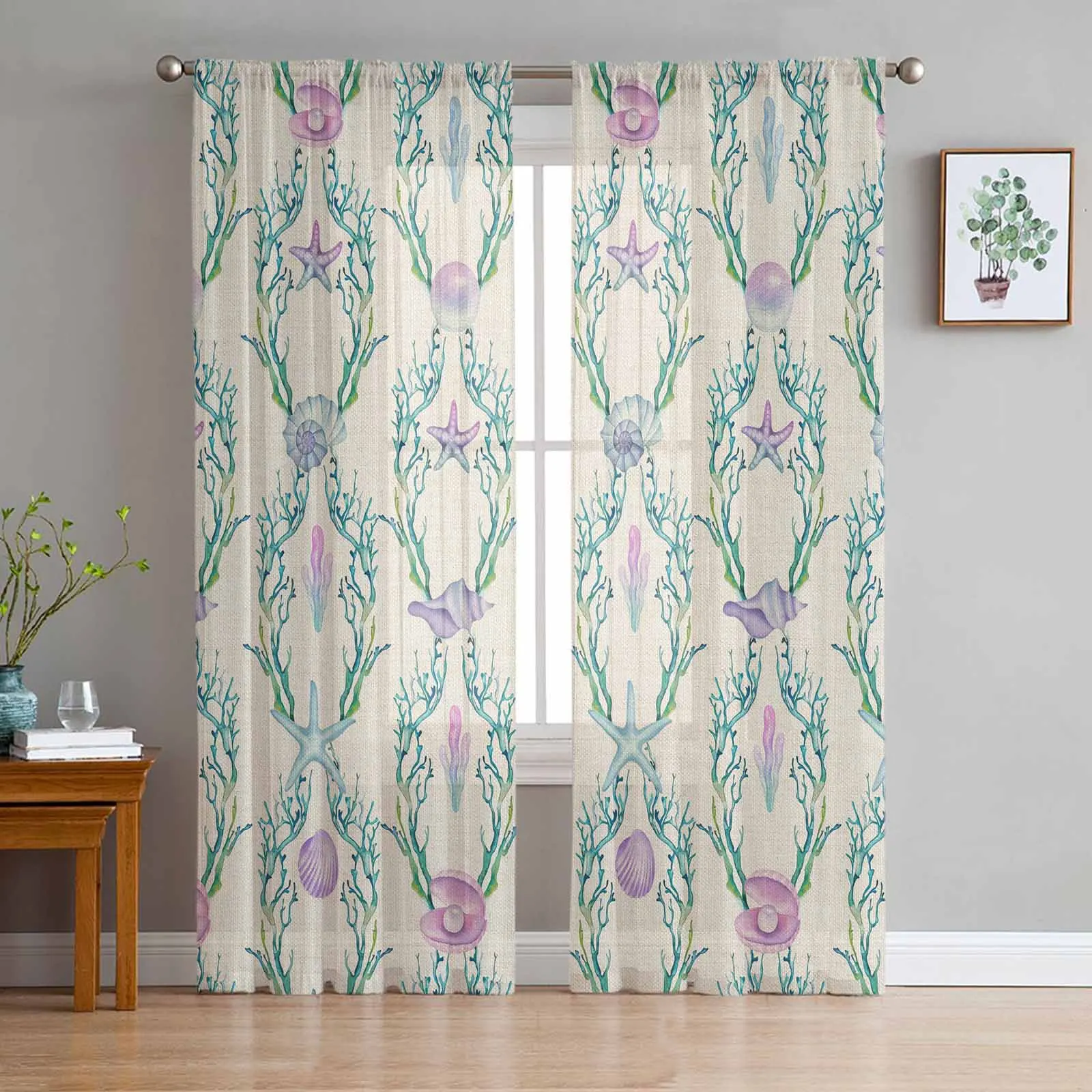 

Starfish Coral Watercolor Style Tulle Curtains for Living Room Bedroom Modern Chiffon Sheer Voile Kitchen Window Curtain