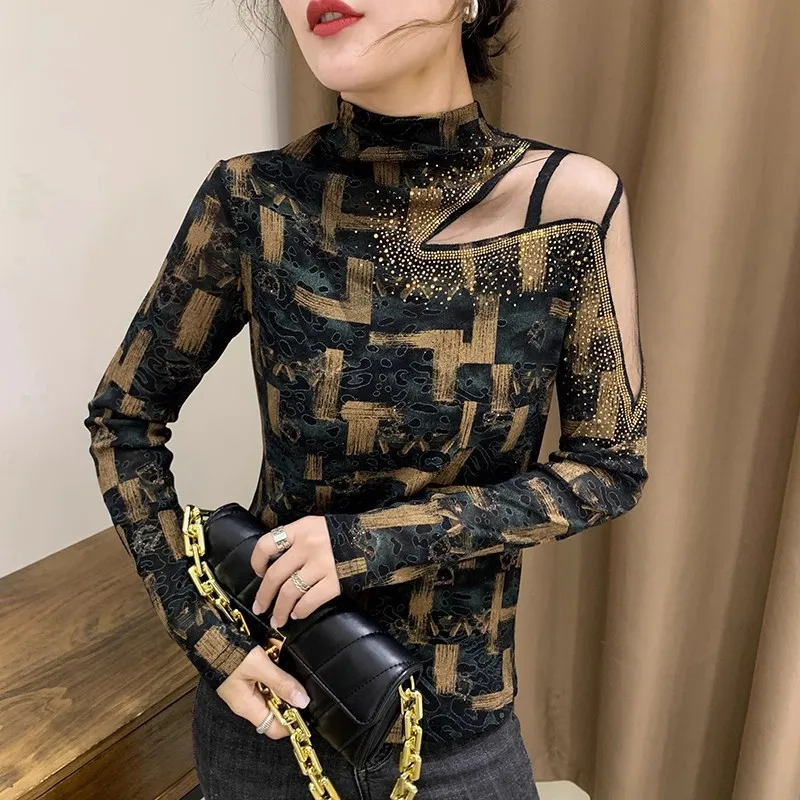 

Autumn Winter European Clothes Print Tshirt Women Stand Collar Hot Diamond Hollow Out Slim Top Long Sleeve Tees