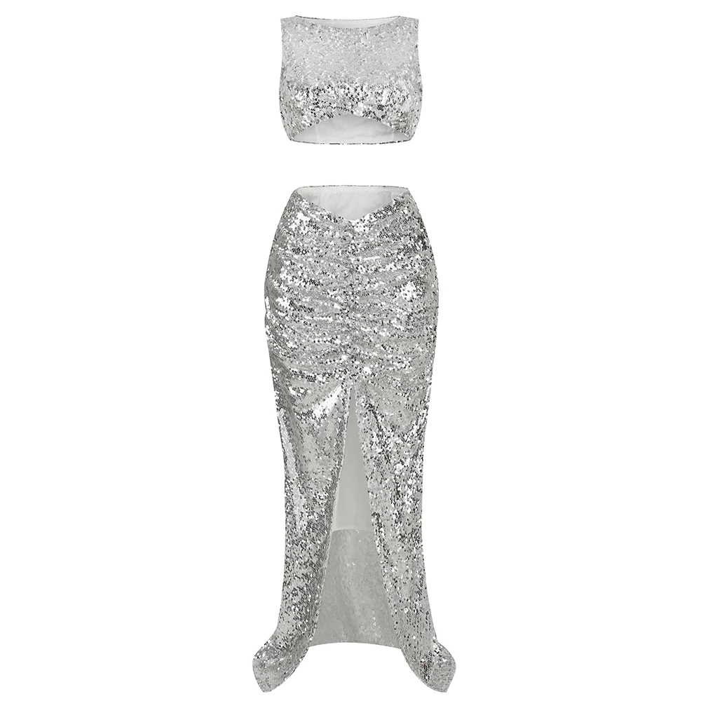 

Fashion Design Silver Sequins Sexy Waist Buttock Skirt & Top