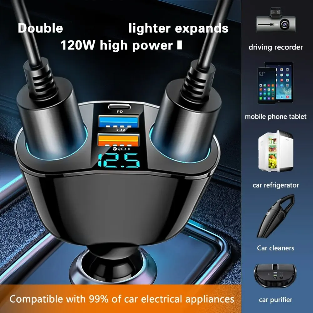 Car Charger Car Mobile Phone Charger Big Head One to Two Multi-function USB Car Cigarette Lighter Charger QC3.0 Fast Charge