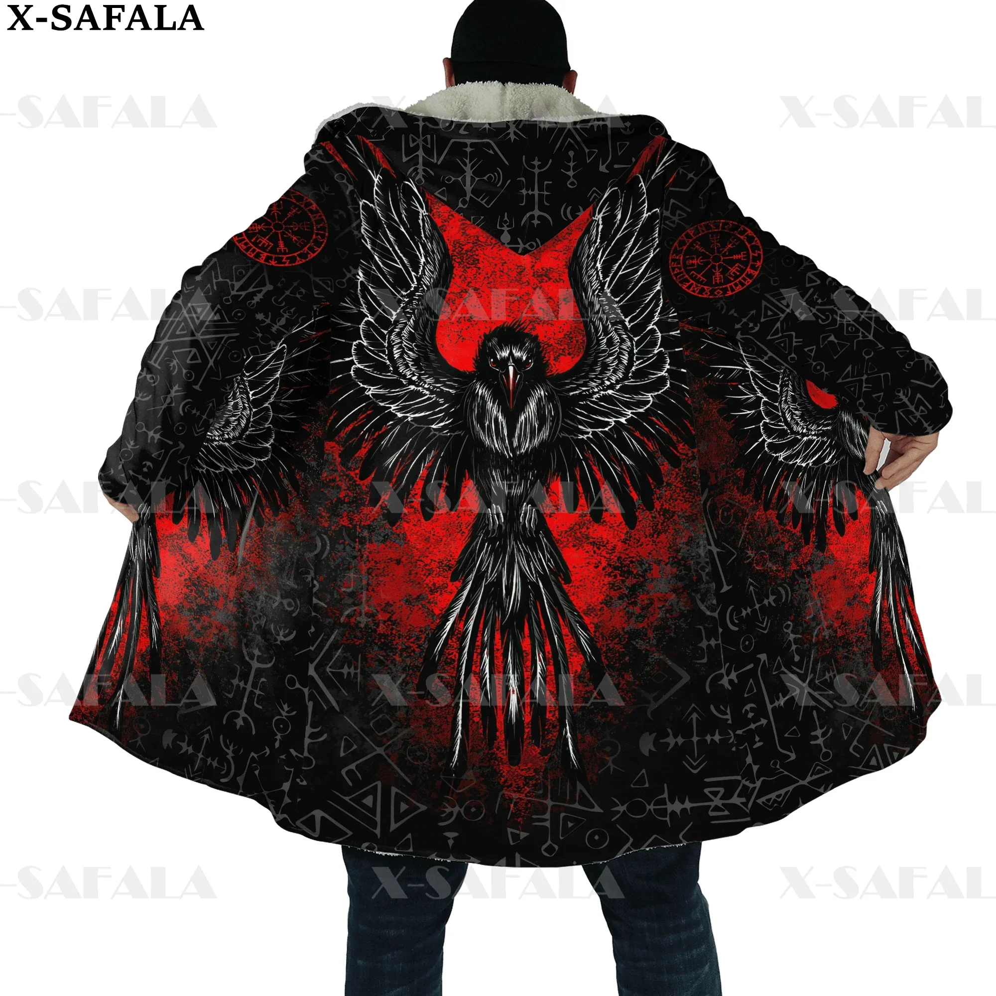 Viking Odin Tattoo Vegvisir Rune Raven Thick Warm Hooded Cloak Men Overcoat Coat Windproof Fleece Cape Robe Hooded Blanket-3