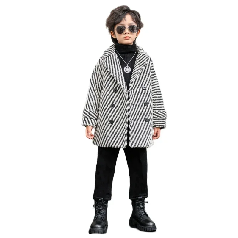 Boys Winter & Fall Chesterfield Coat Kids Black and White Striped Jacket Toddler Child Velvet Houndstooth Thick Woolen Overcoat