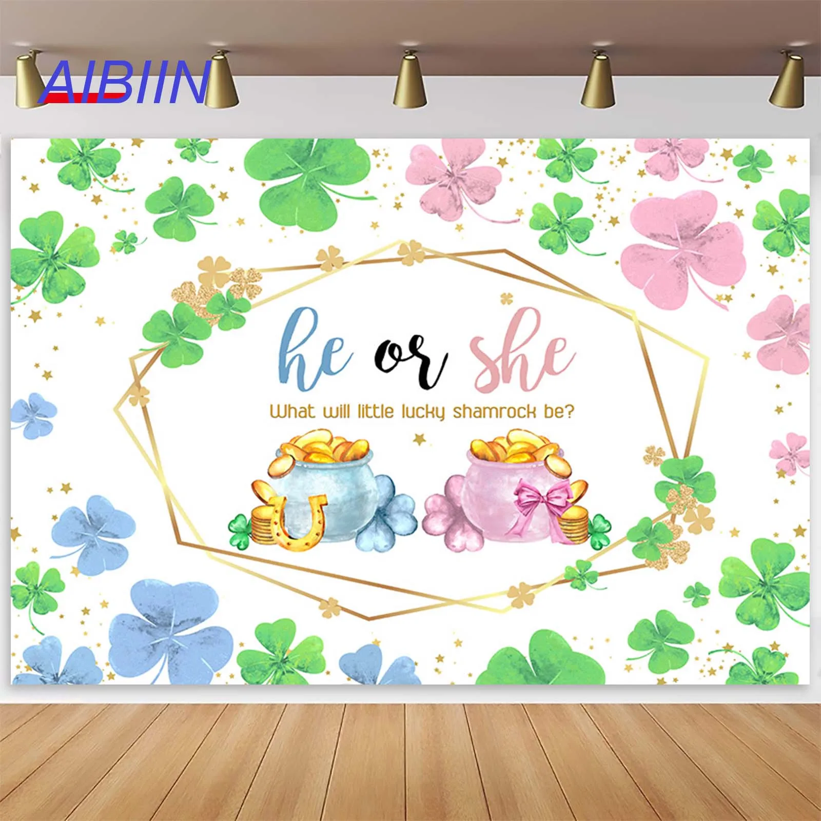 

AIBIIN Gender Reveal Backdrop Lucky Shamrock Four Leaf Clover Baby Shower Photography Background He or She Cake Photozone