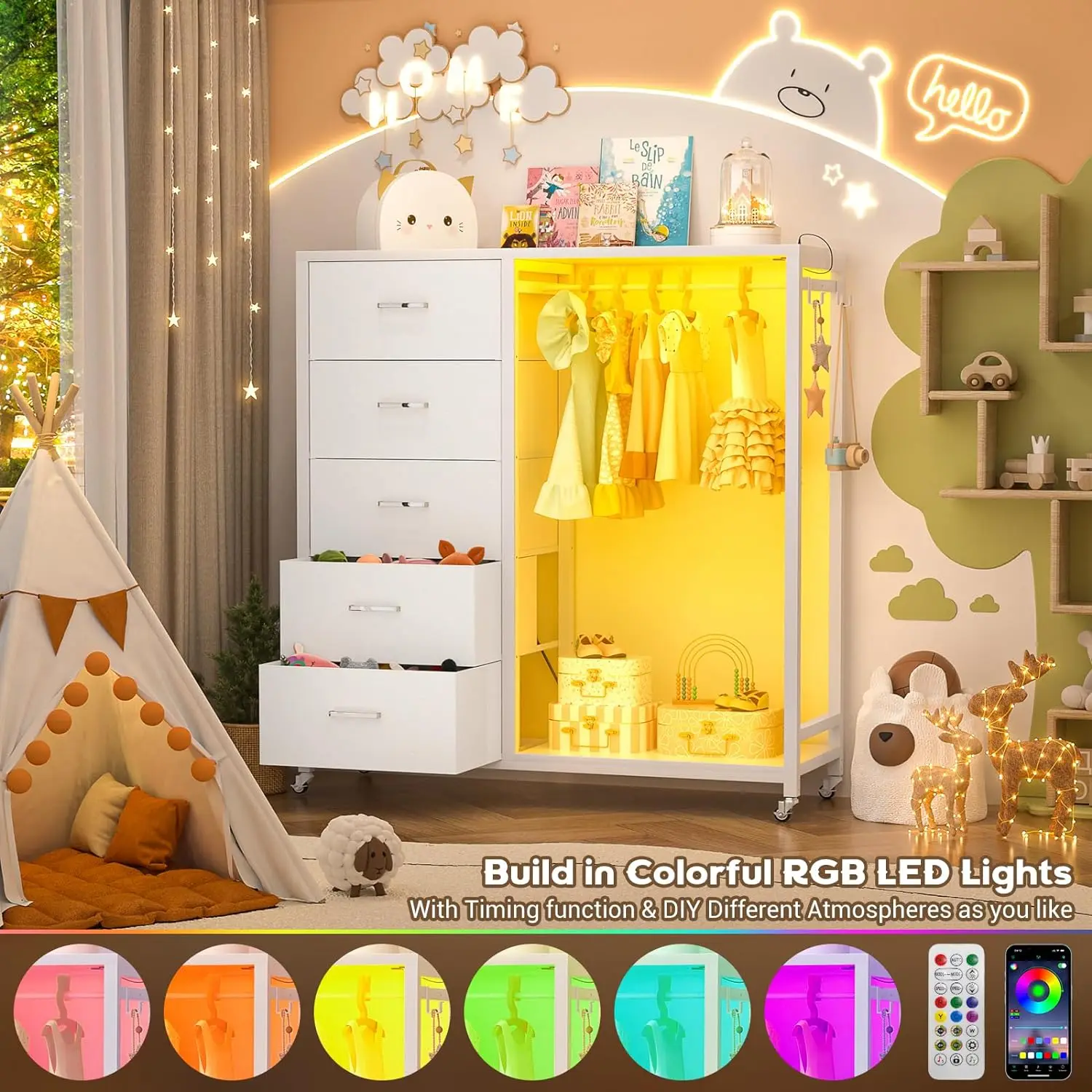 Dresser with Clothes Rack, 5 Drawers Dresser with Charging Station & LED Lights, White Storage Unit, Closet