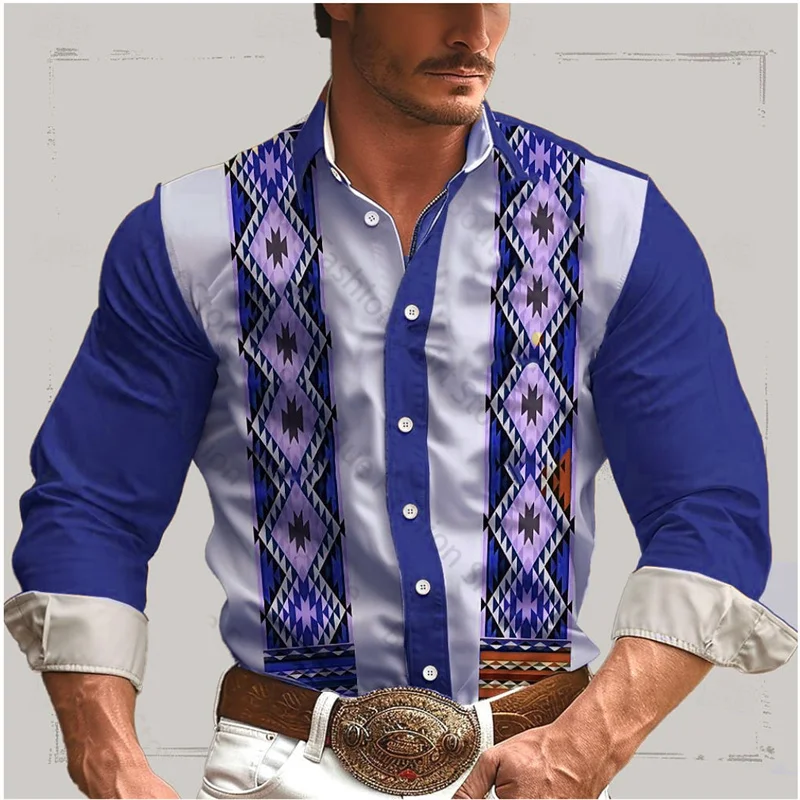 thumbnail image 1 of Camisa de hombre estilo occidental retro geométrico para exteriores, informal, de calle, para uso diario, primavera y verano, con solapa, manga larga, tallas S-5XL, camisa de tela elástica, 1 of 5