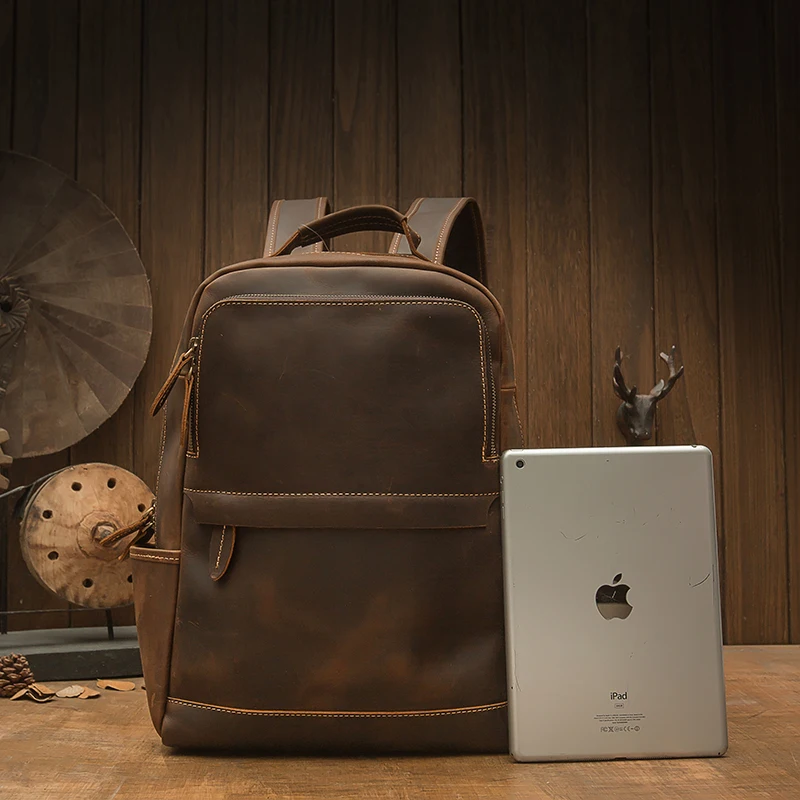 Handmade Crazy Horse Leather Backpack Cowhide Large Capacity Business Laptop Bag Vintage Genuine Leather School Bag Men Rucksack
