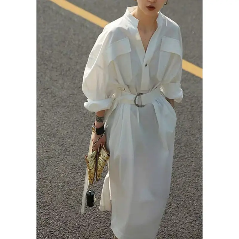 

SuperAen V Neck Solid Color Loose Dress for Women 2023 Autumn New Long Sleeve High Waist White A-line Dress