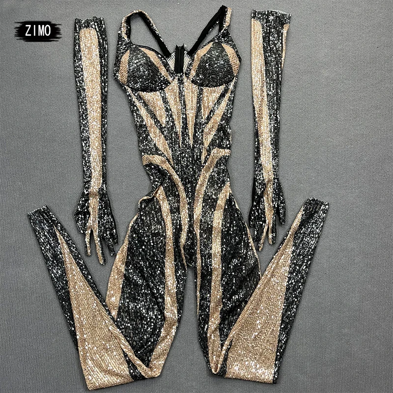 Women Sequins Jumpsuit and Gloves Sexy Stage Dance Costume Birthday Party Bar Club Singer Queen Performance Outfits