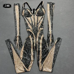 Women Sequins Jumpsuit and Gloves Sexy Stage Dance Costume Birthday Party Bar Club Singer Queen Performance Outfits