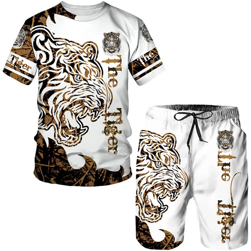 Summer Men Set Sale Tiger Print 3D Mens T-shirt Suit Casual Tracksuit Streetwear Male Clothing Sportswear Outfit Shorts 2 Pieces