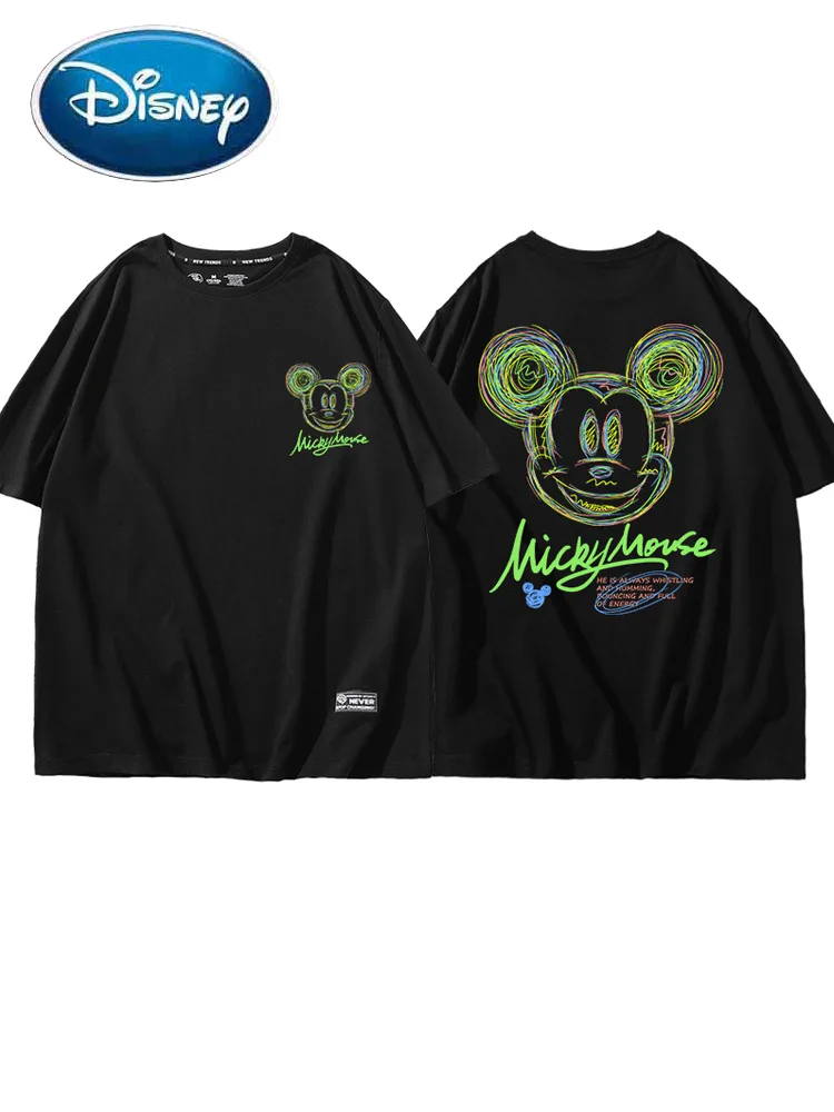 

Disney Fashion Front Back Graffiti Mickey Mouse Letter Cartoon Print T-Shirt Harajuku Women Unisex Couples Tops 15 Candy Colors