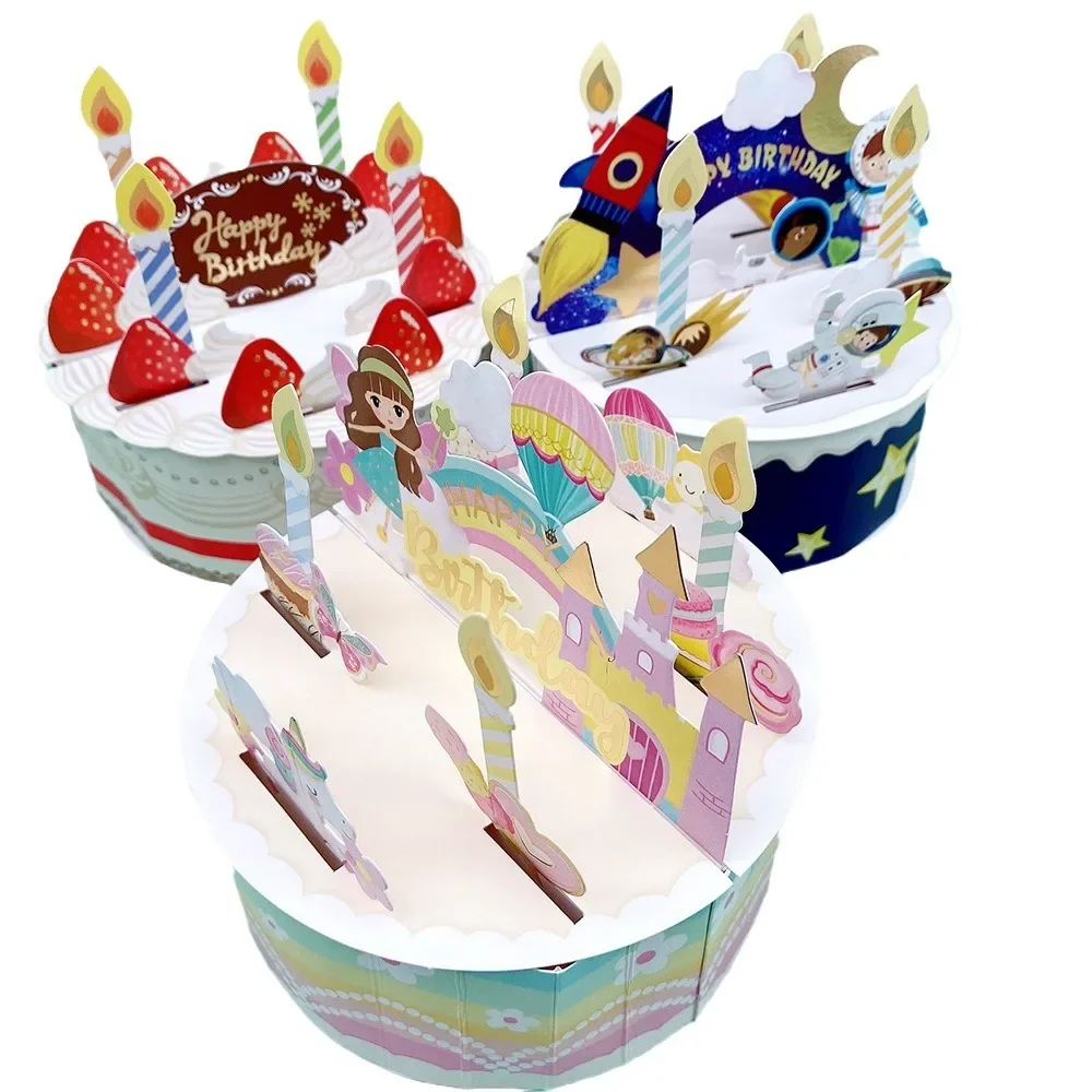 Birthday Card 3D Pop Up Cake Birthday Card With Envelope Set Strawberry Cake Astronaut Cartoon For Kids Friends Gifts