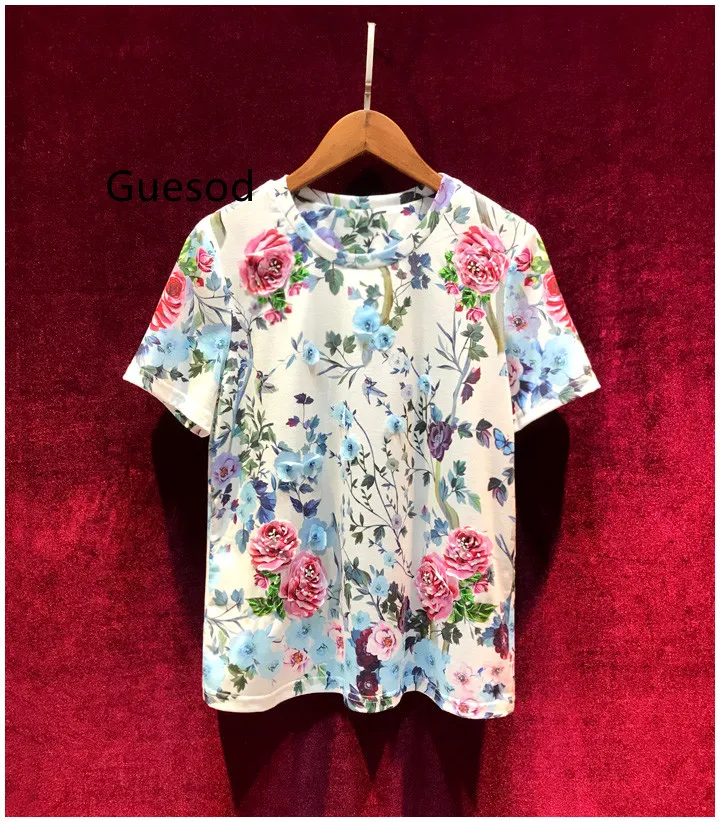 

Women Cotton T-Shirt 2023 Summer Vintage Print Handmade Appliques Tri-Rose Beading Tee Shirts Female Short Sleeve Top New Arrive