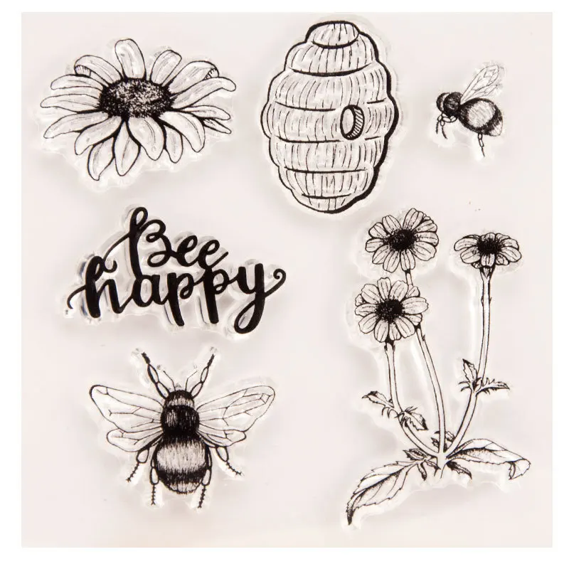 

Lovely Bee/Happy Transparent Silicone Seal Mold Honeycomb Flower Clear Stamp For DIY Scrapbook Album Greeting Card Paper Crafts