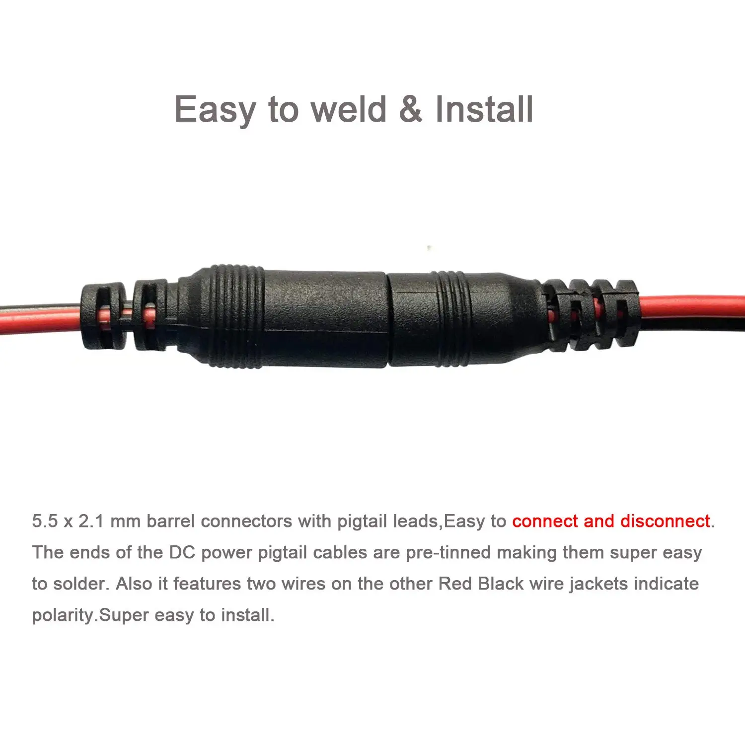 10 Pairs DC Power Pigtail Cable, 12V 5A 2.1mm x 5.5 mm Male & Female Connectors for CCTV Security Camera and Lighting Power Adap