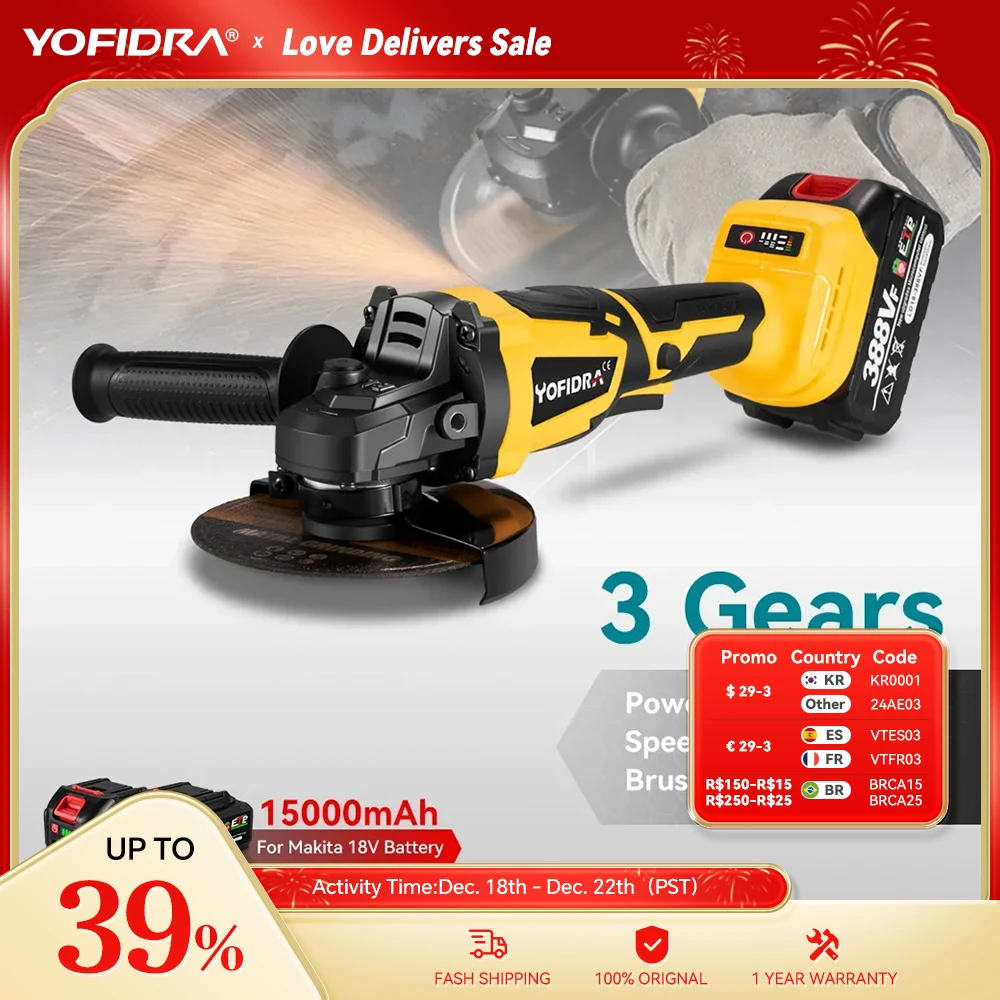 

Yofidra 125mm M14 Brushless Angle Grinder 12000Rpm 18V 3 Gears Cordless Electric Impact Grinding Tool For Makita 18V Battery