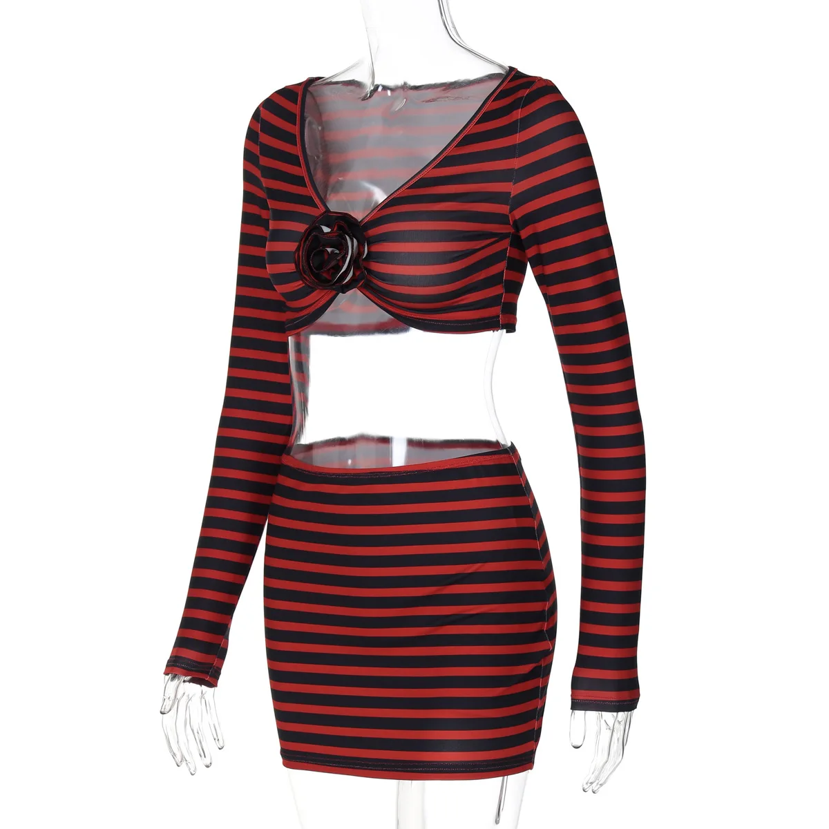Autumn Striped 2 Piece-Set Skirt Women's Floral V-Neck Fashion Cropped Top And Sexy Skirt Outfits Tracksuit Female Sets