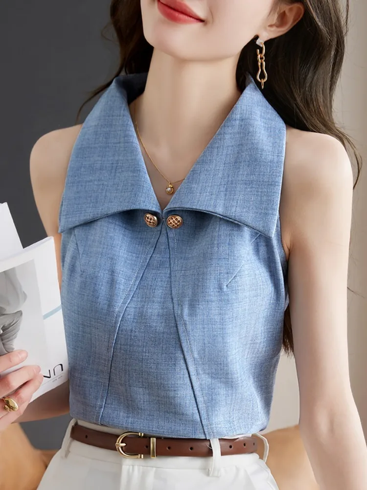 

Женская рубашка без рукавов, рубашка в стиле ретро с воротником-поло, пуговицами спереди и плечами, 2023