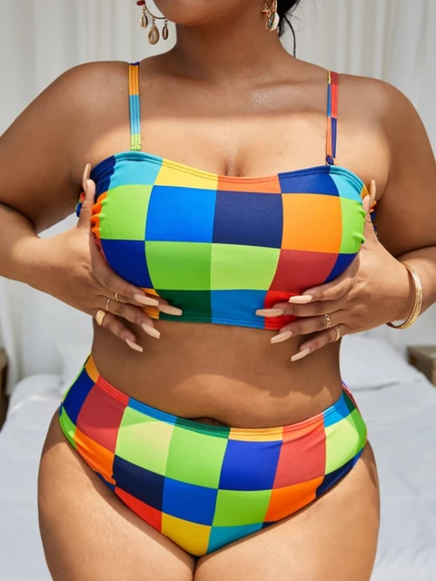 Colorful Plaid Plus Size High Waist Bikini Sets For Women's Large Size  Swimsuit 4XL Push Up Bandeau Biquini Big Size Swimwear