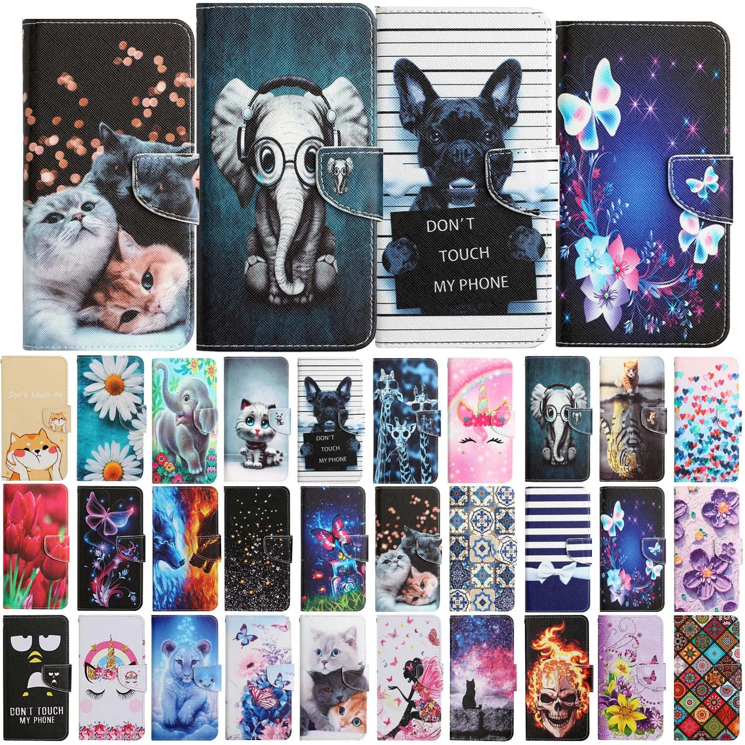 Custodia In Pelle Flip Phone Per Samsung Galaxy S23 Fe S23 Ultra S22 Plus S21 Fe Cat Butterfly Painted Wallet Card Holder Cover Posteriore