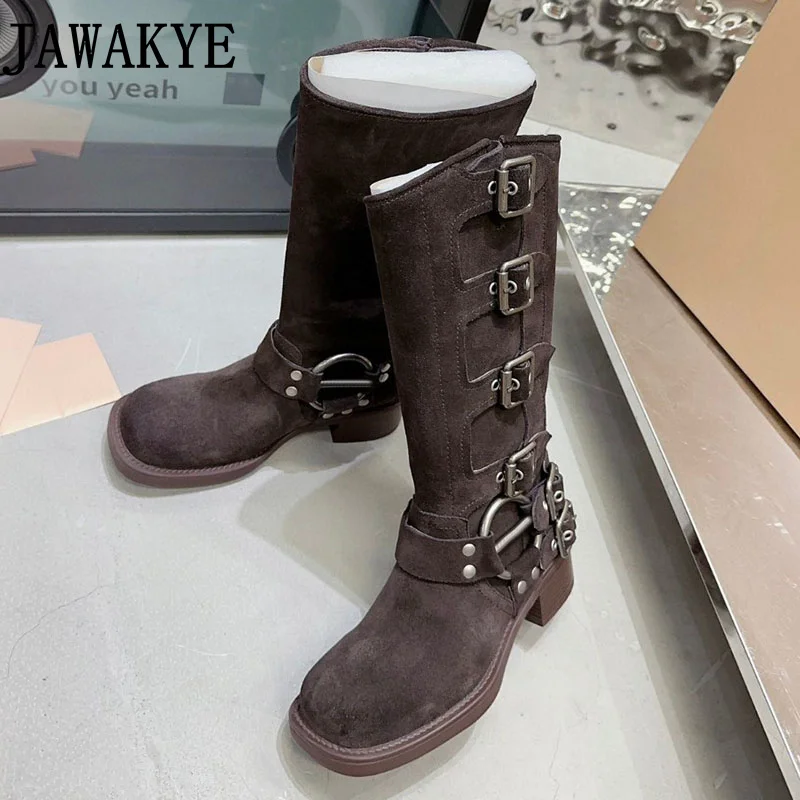 

Retro Knight Boots Women Genuine Leather Cross Belt Buckle Knee High Boots Ladies Runway Mid-Calf Boots Winter Shoes Botas Mujer
