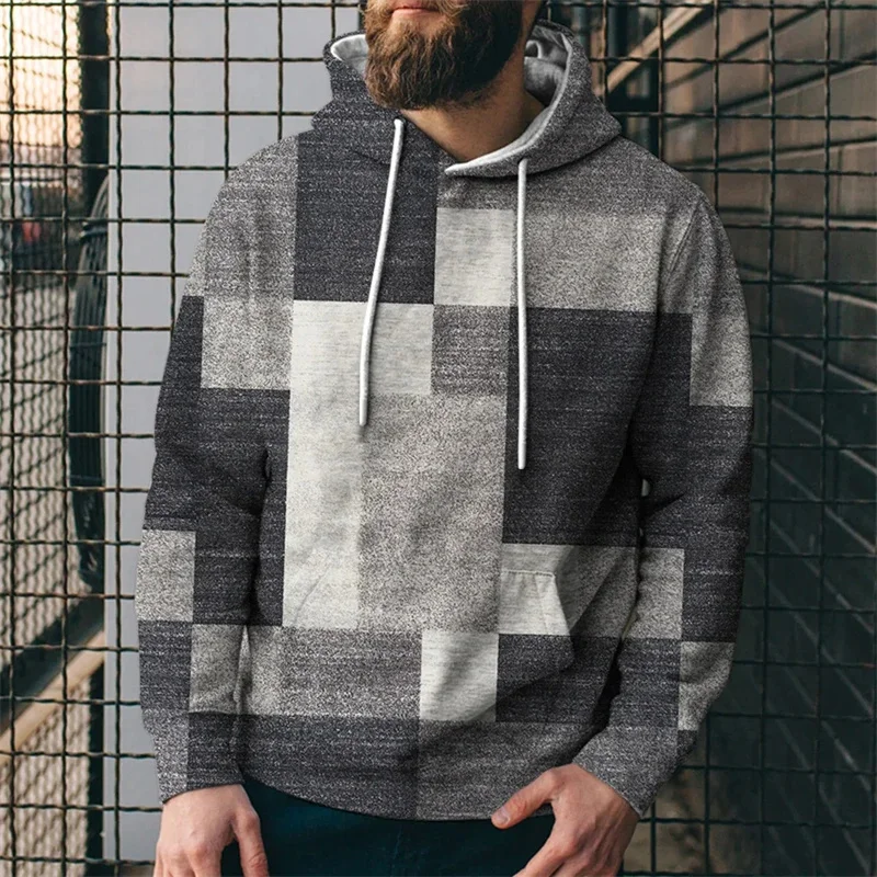 Sudadera con capucha y estampado de cuadros con costura simulada para hombre, jersey con estampado 3D de bloques de color, sudaderas holgadas unisex para la calle