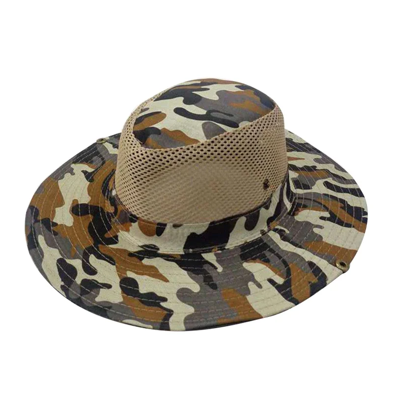 Outdoor Wide Brim Sun Cap Hunting Fishing Sunhat Hiking Mesh Breathable Camouflage Bucket Hat Man Sun Cap