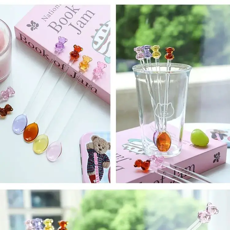 Japanese Style Milk Dessert Teddy Bear Spoon Colorful Transparent Glass Spoon Long Handled Coffee Stirring