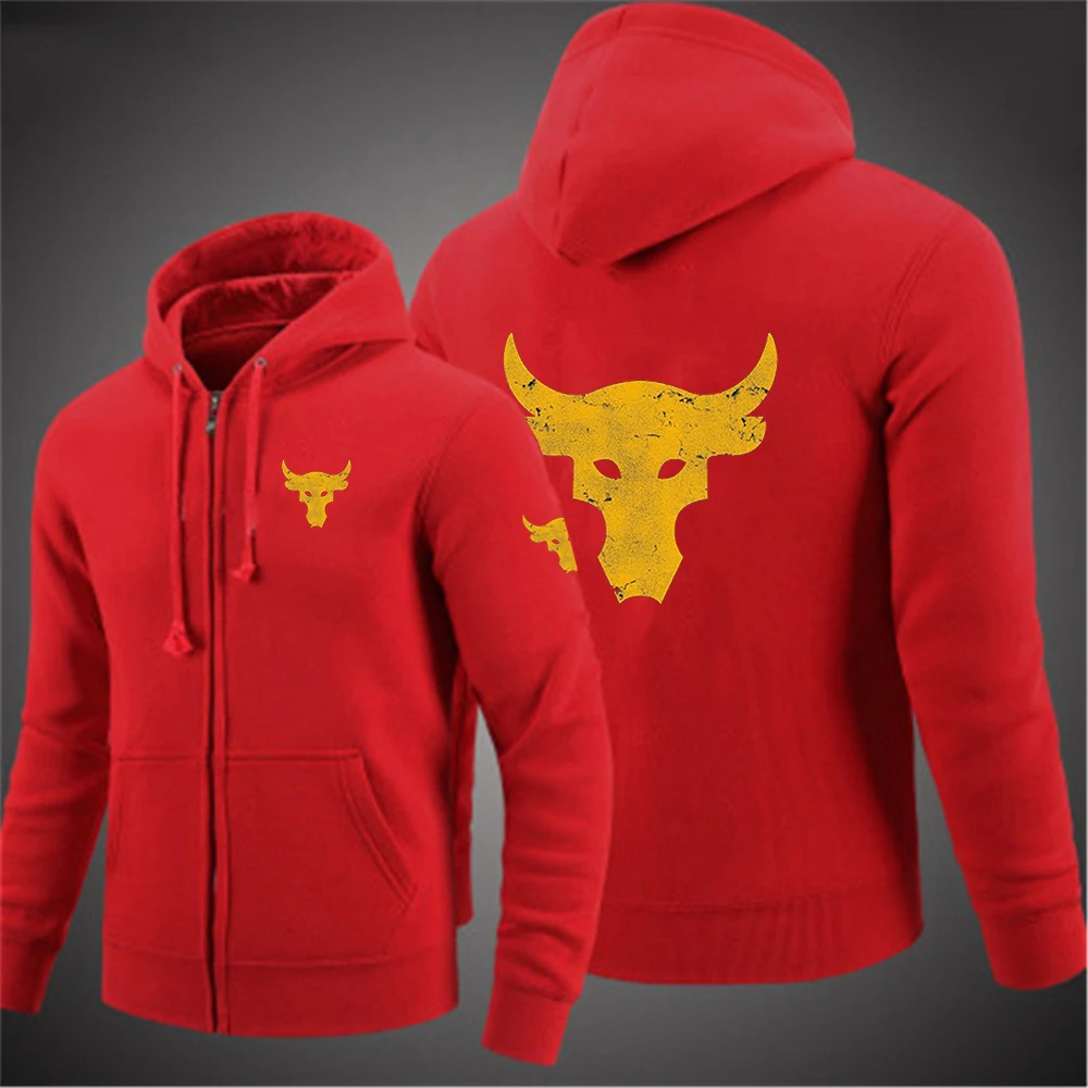 thumbnail image 1 of 2024 Spring Autumn Men's Dwayne Johnson Brahma Bull Tattoo Logo Printed Classic Zipper Solid Color Sports Casual Loose Hoodies, 1 of 5