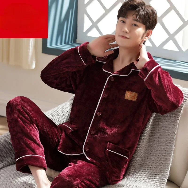 New Men Autumn Winter Sleepwear Warm Thickened Pajamas Set Flannel Soft Casual Nightwear Long Pants Homewear Mens Pajamas
