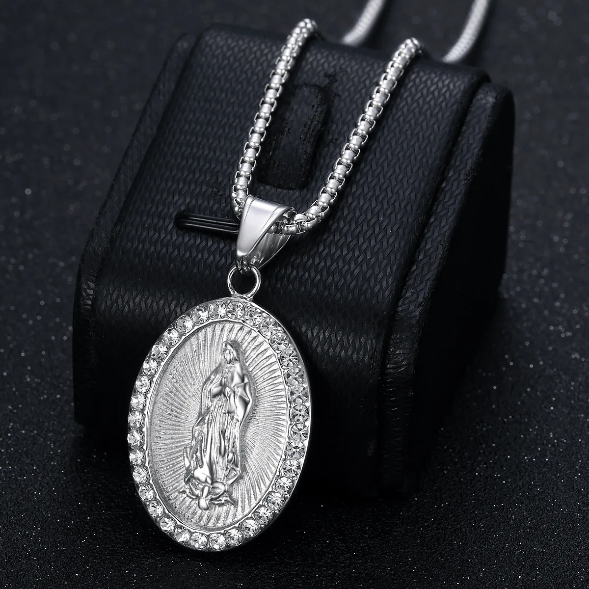 Virgin Mary Prayer Pendant Necklaces Gold color 316L Stainless Steel with rhinestone Women/Men Jewelry 5