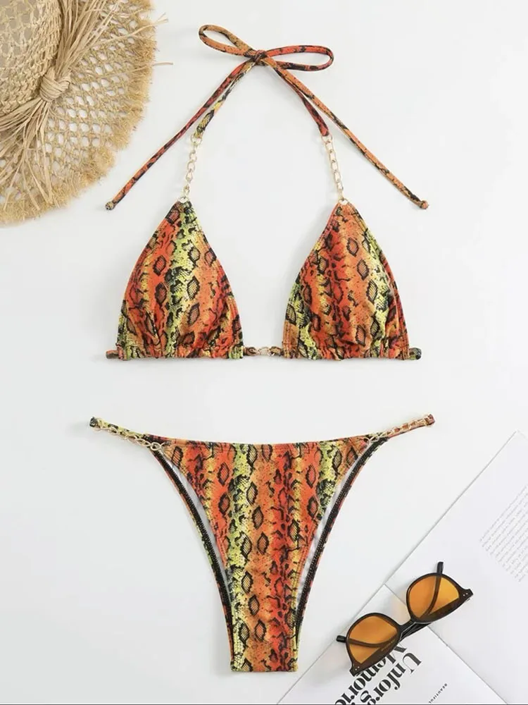 Snake Print Micro Bikini 2024 Women Swimwear Female Swimsuit Thong Bikinis Sets Chain Lace Up Bathing Suit Brazilian Beach Wear