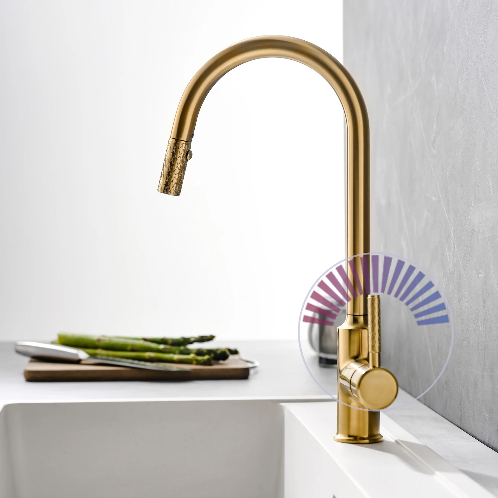 AITANA Simple Brushed Gold Brass Kitchen Faucet Pull-out Design Single Handle Cold & Hot Dual Control 2-function Sink Tap