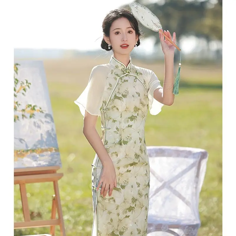 

Green Cheongsam Young Girl Women Fresh Retro Refined Elegant Daily Wearable Modern Qipao Dress