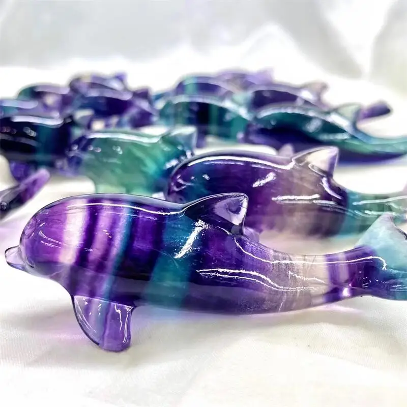 8cm Natural Rainbow Fluorite Dolphin Crystal Stone Hand Carved Animal Figurine Healing Crafts Home Decoration As Gift 1pc 2