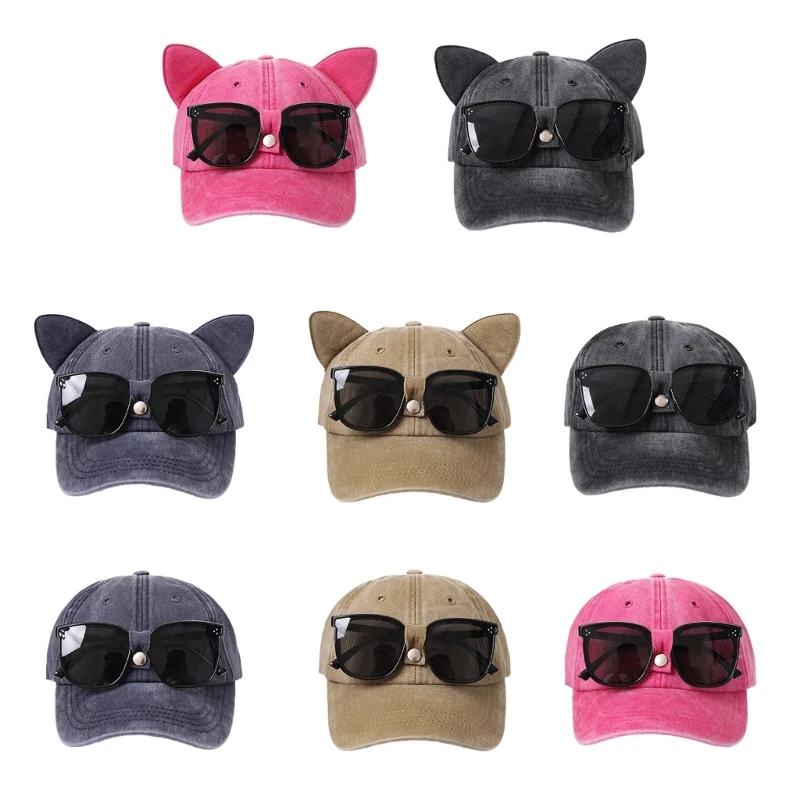 

Sunproof Cat Ear Baseball Cap Adjustable Sunscreen Hat&Sunglasses Suit Casual Hiphop Cycling Hat for Boy Girls Unisex Dropship