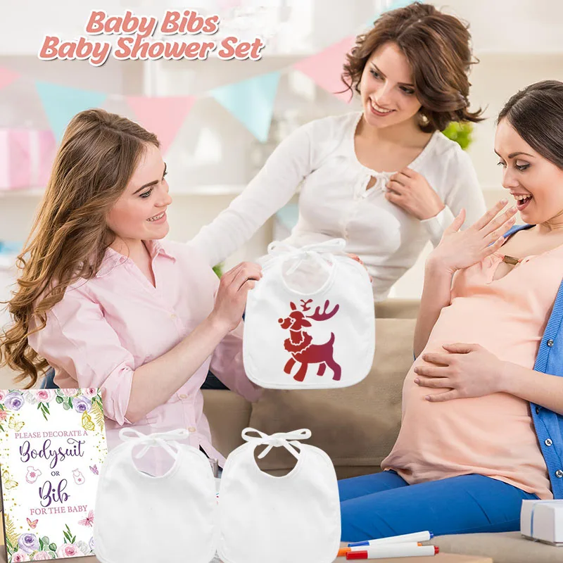 10-60 Sets Baby Shower Game Decorating Gift Baby Bibs Feeding Drooling White Bib Infant Saliva Towel Fabric Marker Stencils 2