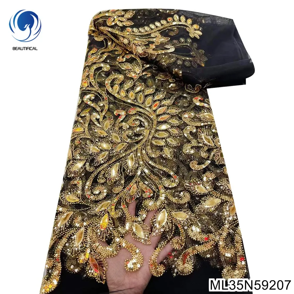 

Shiny Noble Royal Gold Sequins Lace Fabric African High Quality Beaded Tulle Fabric Elegant For Bridal Evening Dress ML35N592