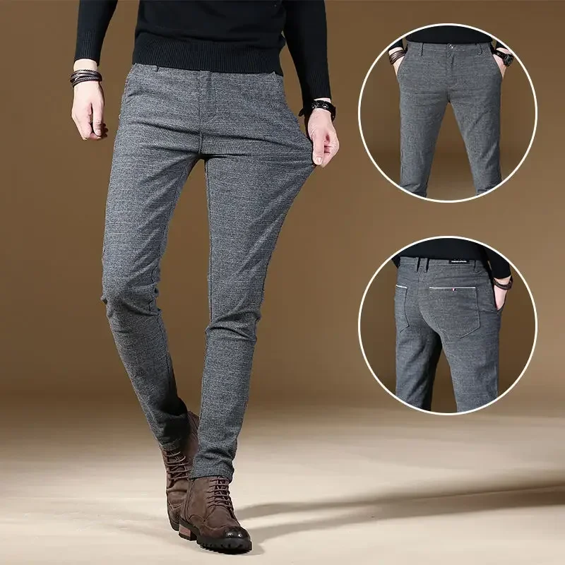 thumbnail image 1 of Pantalones elásticos para hombre, de cuadros grises, ajustados, elásticos, con trenzas, para hombre, pantalones de traje, clásicos, de verano 2024, con estilo y económicos, 1 of 5