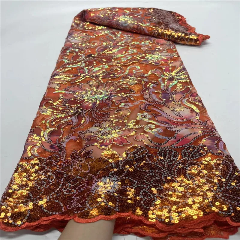 

Orange Fabric High Quality African Lace Fabric 2024 French Net Sequins Fabric Sewing Embroider Lace Tulle Nigeria Dress 5Yard
