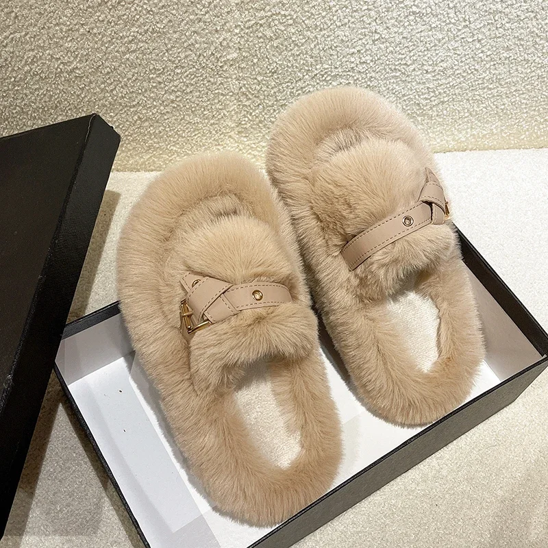 

0258 Slippers Women Outer Wear 2024 New Design Sense Casual All Matching Thick Bottom Hot Furry Zapatos De Mujer Indoor Winter