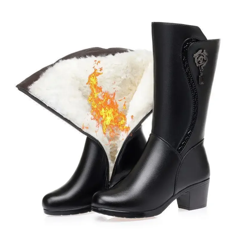 

Winter Boots Leather Female High-heeled Zapatos Para Mujeres Women Long Boots Warm Snow Boots Fashion Non-slip Platform Botas