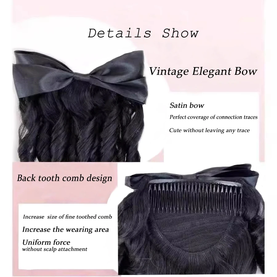 합성 빈티지 블랙 나비 매듭 컬 헤어 브레이드 여성용 레트로 공주 스타일 하이 포니테일 인조 헤어 액세서리