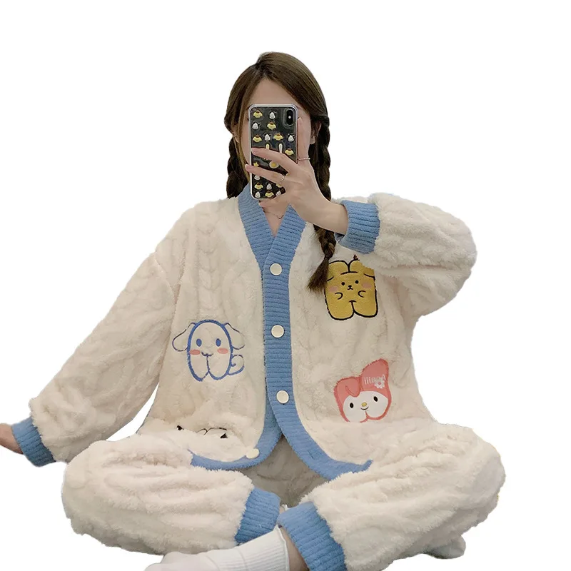 

Sanrio Kawaii Flannel My Melody Cinnamoroll Pompompurin Thickened Homewear Set Pajamas for Fall and Winter Comfort and Warmth
